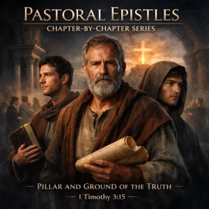 Cinematic poster featuring photorealistic figures promoting the Pastoral Epistles chapter-by-chapter Bible study series.