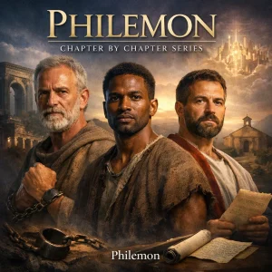 Photorealistic poster of Paul, Onesimus, and Philemon with ancient architecture, promoting the Philemon Chapter-by-Chapter Bible study series.