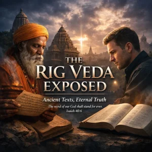 Cinematic poster for The Rig Veda Exposed series examining Hinduism’s oldest sacred text through biblical and historical analysis.