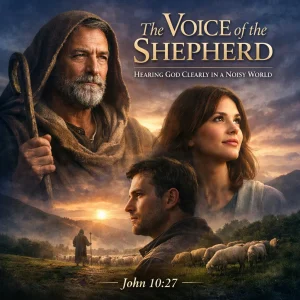 Photorealistic cinematic poster showing Christ the Shepherd leading His sheep, representing a Christian study series on hearing God’s voice.