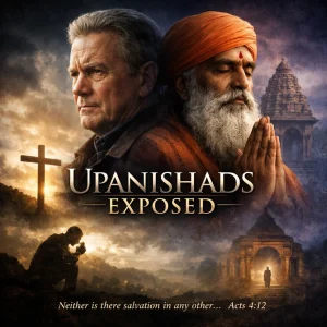 Photorealistic cinematic poster for “Unpanishads Exposed” with scholars and ancient texts, dramatic lighting, and biblical analysis theme.