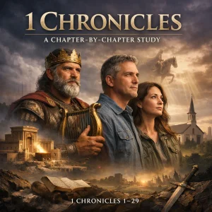 King David overlooking Jerusalem with temple plans, representing the 1 Chronicles Bible study series on covenant, kingship, worship, and temple preparation.