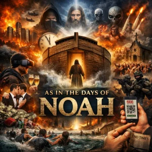 Noah’s ark before the flood contrasted with modern end-times chaos, technology, deception, and prophecy imagery from Matthew 24:37.