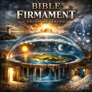 Biblical firmament dome over earth with sun, moon, stars, waters above, pillars, and God’s throne illustrating biblical cosmology from Scripture.