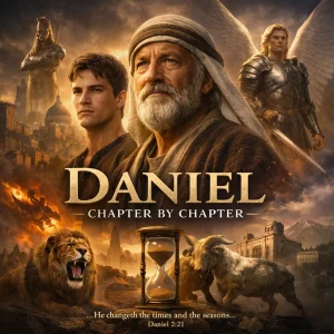 Daniel prophecy series cinematic poster showing Babylon, fiery furnace, lions’ den, and end-time visions from the Book of Daniel KJV