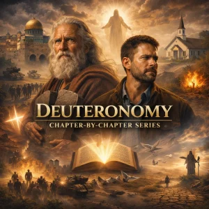 Cinematic poster for Deuteronomy Chapter By Chapter Series featuring Moses, law tablets, Christ imagery, and Israel wilderness theme.