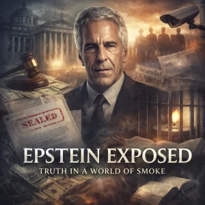 Epstein Exposed series poster showing Jeffrey Epstein, court documents, prison bars, surveillance camera, and biblical truth confronting hidden corruption.