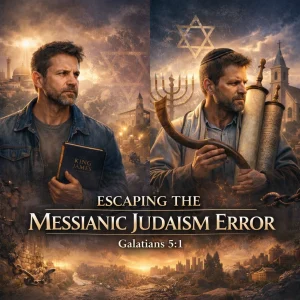 Escaping Messianic Judaism Error cinematic poster showing Bible believer contrasted with Torah symbols and Galatians 5:1 liberty theme.