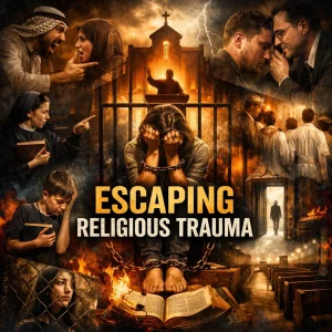 Escaping Religious Trauma series poster—survivors in a church-shadow collage, broken chains, healing and hope in Christ (VerseQuest).