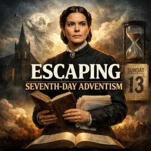 Square cinematic poster for Escaping Seventh-day Adventism series exposing Ellen G. White authority, Sabbath legalism, investigative judgment and gospel rest in Christ.