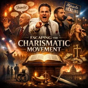 Collage showing charismatic practices contrasted with open KJV Bible and title Escaping the Charismatic Movement exposing modern experience-based religion.