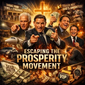 Escaping the Prosperity Movement poster showing celebrity-style preachers demanding seed money, with collage symbols of Mammon, tithing, and deception.