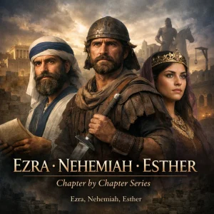 Ezra, Nehemiah, and Esther cinematic poster showing temple, Jerusalem wall, and Persian palace symbolizing restoration, providence, and covenant preservation.