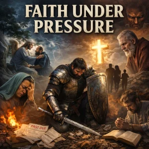 Faith Under Pressure series poster, believer enduring trials with Bible and cross, theme of endurance, spiritual warfare, hope in Christ.