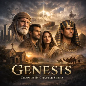 Genesis Chapter-by-Chapter Series poster showing biblical figures and themes of creation, covenant, and redemption in realistic cinematic style.