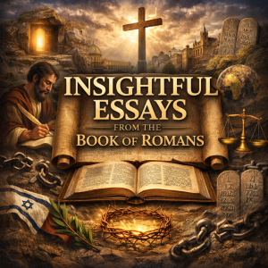 Insightful Essays from the Book of Romans series collage featuring Apostle Paul, cross, empty tomb, chains, and open Bible