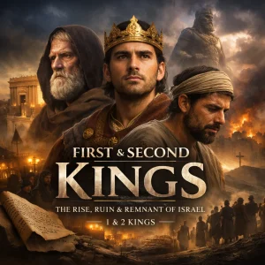 First and Second Kings chapter-by-chapter Bible commentary series poster showing Elijah, kings of Israel and Judah, and prophetic judgment scenes.