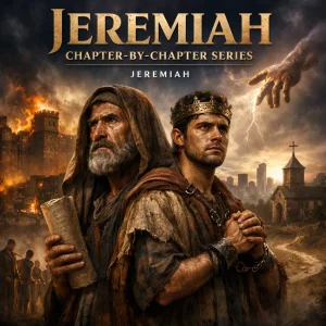 Jeremiah Chapter-by-Chapter Series poster featuring prophet Jeremiah holding a scroll and captive king before burning Jerusalem under dramatic sky.