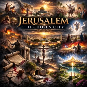 Jerusalem The Chosen City Bible study series poster featuring historic Jerusalem, temple imagery, crucifixion, prophecy scenes, and New Jerusalem.