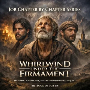 Job Chapter By Chapter Series cinematic poster showing Job under the firmament with heavenly witnesses, suffering, divine sovereignty, and biblical cosmology.