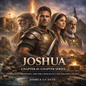Joshua Chapter by Chapter cinematic poster depicting Israel’s conquest, covenant renewal, and leadership themes from the Book of Joshua KJV.