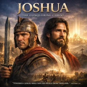 Joshua the Conquering Christ series poster with Joshua as a type of Jesus, Jericho and kingdom imagery in realistic cinematic style.