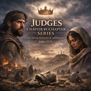 Judges chapter by chapter Bible study poster showing biblical figures, ruined city, crown above, and mourners symbolizing Israel’s apostasy and need for a king.