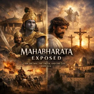 Mahabharata Exposed series poster comparing Kurukshetra and Calvary, Krishna and Christ, dharma and gospel, biblical apologetics on Hindu epic.