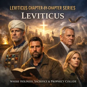 Leviticus Chapter-by-Chapter Series poster with priest, altar, and Bible imagery portraying sacrifice, holiness, and Christ in the Law.