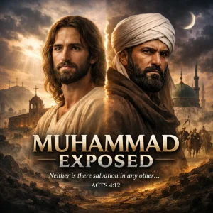 Cinematic poster contrasting Jesus Christ and Muhammad with churches and mosque backgrounds titled Muhammad Exposed, Acts 4:12.