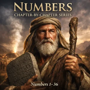 Numbers Chapter-by-Chapter Series poster with Moses holding tablets and staff, Numbers 1–36 KJV Bible study.