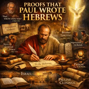 Cinematic poster collage: Apostle Paul pins Hebrews with his epistles, surrounded by proof symbols and scripture motifs; “Proofs That Paul Wrote Hebrews.”