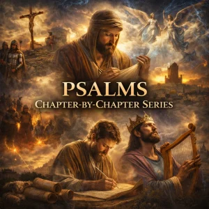 Psalms Chapter-by-Chapter Bible Study Series artwork featuring King David, prayer, angels, crucifixion, warfare, and Jerusalem.