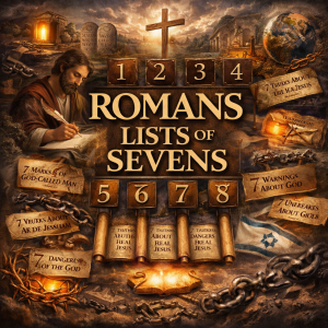 Romans Lists of Sevens series collage featuring Apostle Paul, scrolls of seven themes, cross, chains, and open Bible in dramatic light