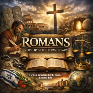 Romans verse by verse commentary series featuring Apostle Paul, cross, empty tomb, scales of justice, and Rome skyline collage
