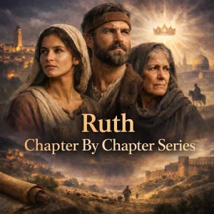 Ruth Chapter by Chapter Series poster featuring Ruth, Boaz, and Naomi before ancient Bethlehem symbolizing redemption, covenant, and Messianic lineage.