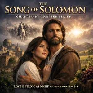 Cinematic Song of Solomon Chapter-by-Chapter Series poster featuring biblical bride and king with prophetic Jerusalem backdrop and Song 8:6 theme.