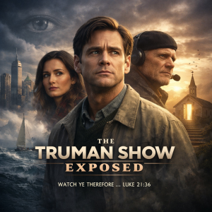 Cinematic poster for The Truman Show Exposed featuring watchful eye, stormy sea, city skyline, and glowing church door symbolizing truth and awakening.