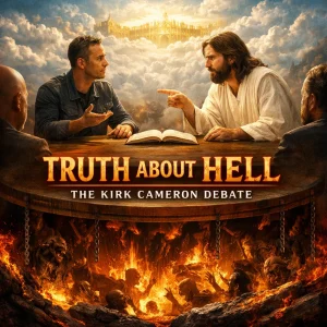 Truth About Hell: The Kirk Cameron Debate — Jesus warns of judgment as heaven above and hellfire below in a cinematic poster-style image.