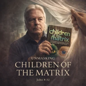 Cinematic poster image of Unmasking Children of the Matrix showing David Icke holding his book as a veil is pulled back, symbolizing deception, discernment, and biblical truth.