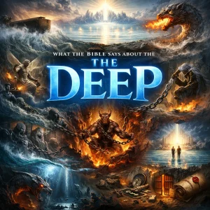 Cinematic collage of biblical deep featuring flood waters, Leviathan, abyss pit, chained angels, and sea of glass before God’s throne.