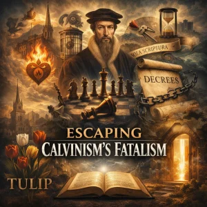 Escaping Calvinism’s Fatalism cinematic poster showing TULIP symbolism, decrees scroll, open Bible, and imagery exposing deterministic theology.