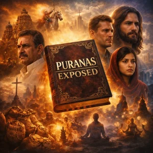 Puranas Exposed series poster showing ancient Hindu scripture, temple imagery, meditation, and biblical contrast highlighting the gospel of Jesus Christ.