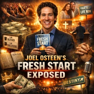 Joel Osteen holding Fresh Start book surrounded by collage of prosperity themes, positive confession imagery, and biblical contrast elements.
