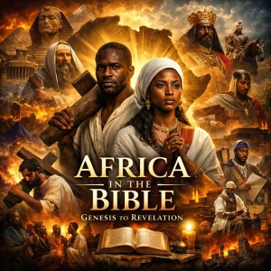 Africa in the Bible series poster showing African biblical figures, Scripture, Egypt, the cross, and early Christian history in a cinematic collage.