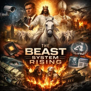 Cinematic collage poster for The Beast System Rising: Revelation 13 prophecy with global control, surveillance tech, digital ID, mark, and looming Beast imagery.