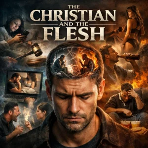 Christian man battling the flesh and spiritual temptation with symbolic fire, prayer, and inner conflict representing the believer’s struggle between flesh and Spirit.