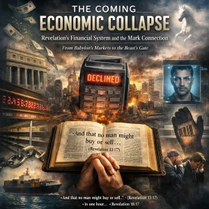 Cinematic collage poster for The Coming Economic Collapse: Bible, collapsing markets, digital identity, surveillance, and Revelation 13 buy-sell control.