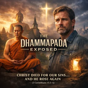 The Dhammapada Exposed poster: a man faces Buddhist wisdom versus the KJV gospel, with cross-lit Bible imagery and 1 Corinthians 15:3–4.