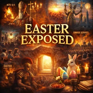 Cinematic Easter Exposed poster showing a glowing empty tomb, cross imagery, rabbit and eggs, church symbolism, and biblical truth confronting Easter tradition.